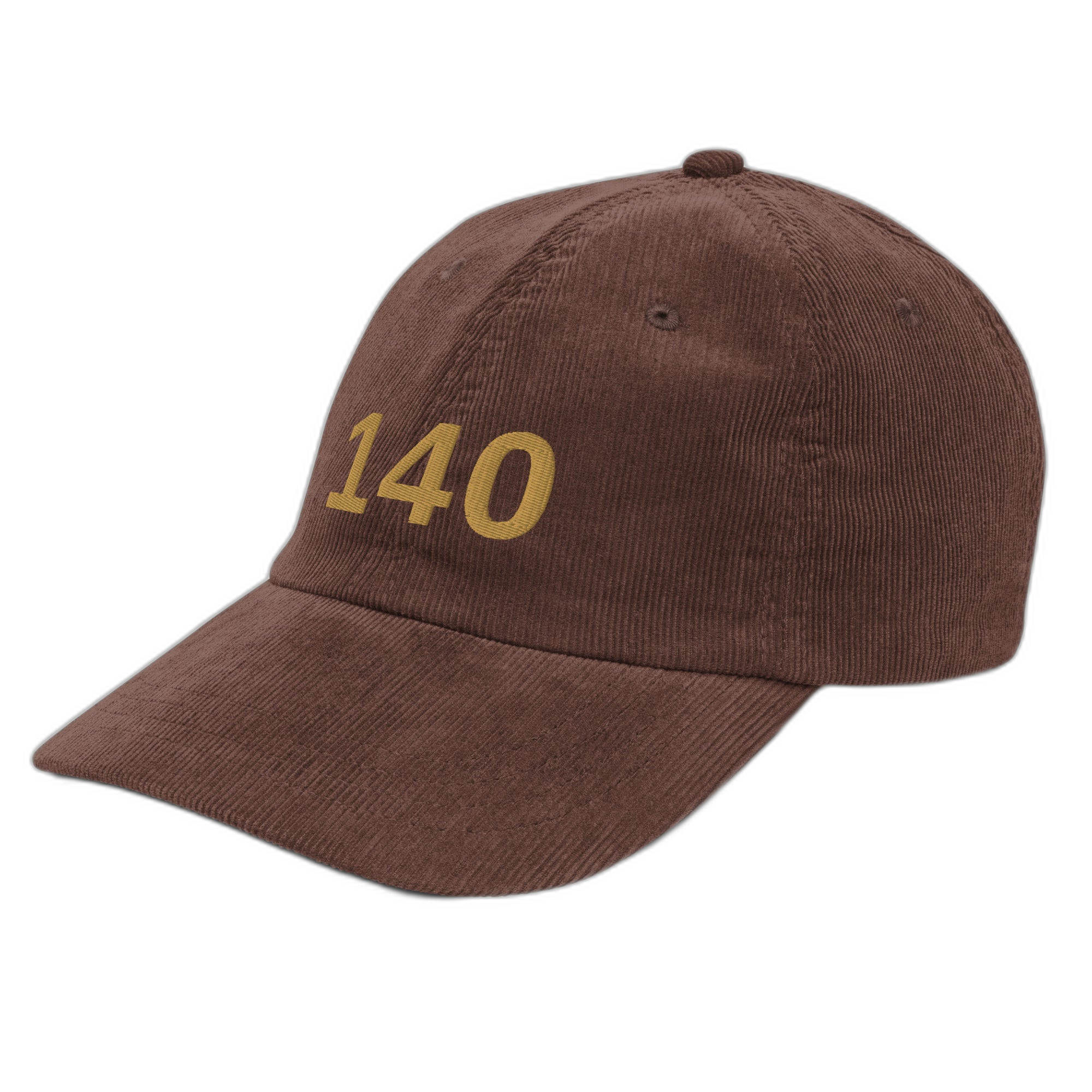 NOA 140 Macchiato cap - 140 embroidery detail closeup on brown corduroy