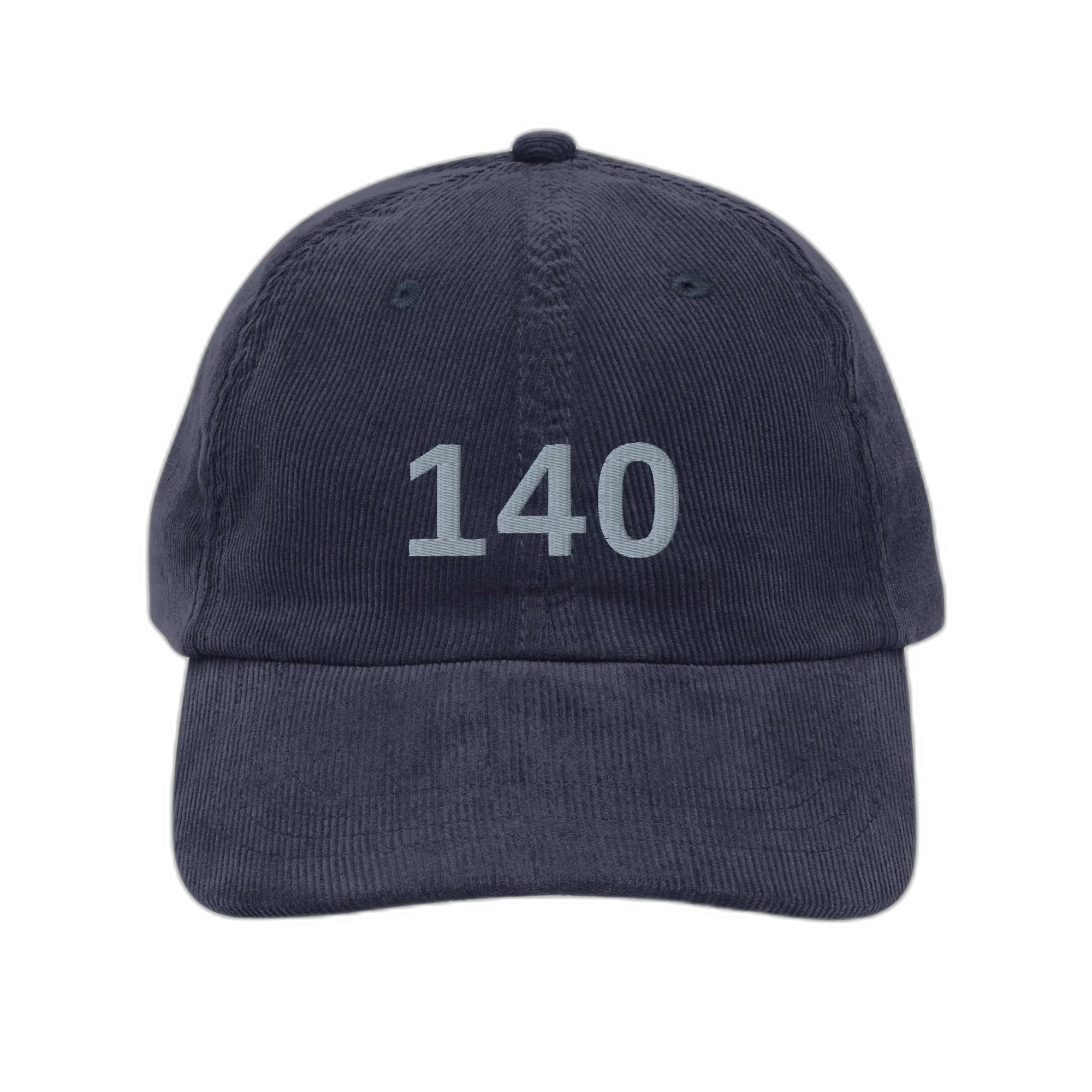 NOA 140 Marine vintage corduroy cap - navy blue embroidered with 140 logo, front view