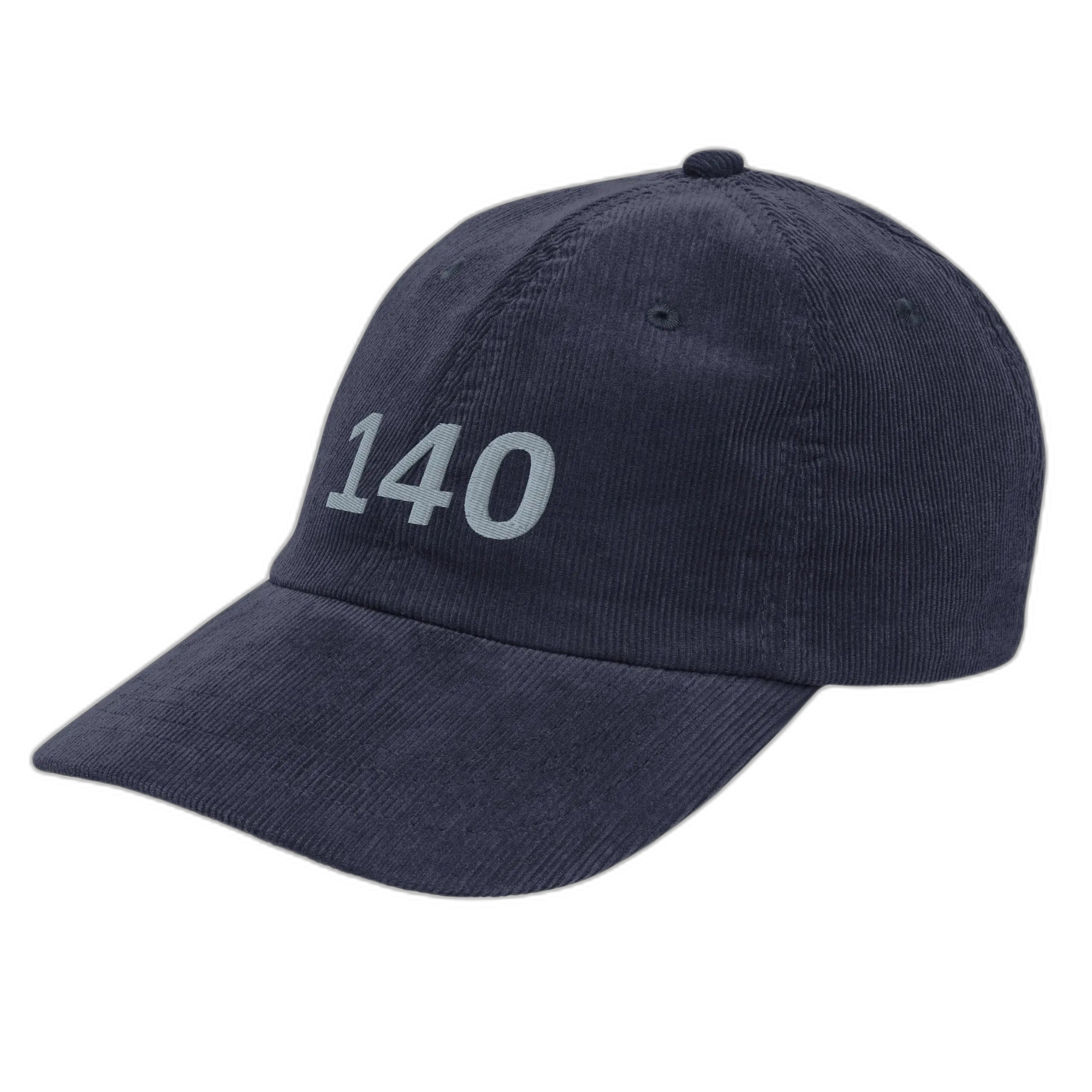 NOA 140 Marine cap - 140 embroidery detail closeup on navy corduroy
