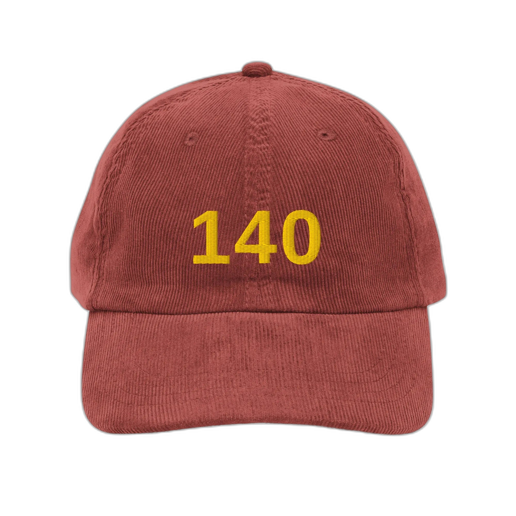 NOA 140 Meridian vintage corduroy cap - burgundy embroidered with 140 logo, front view