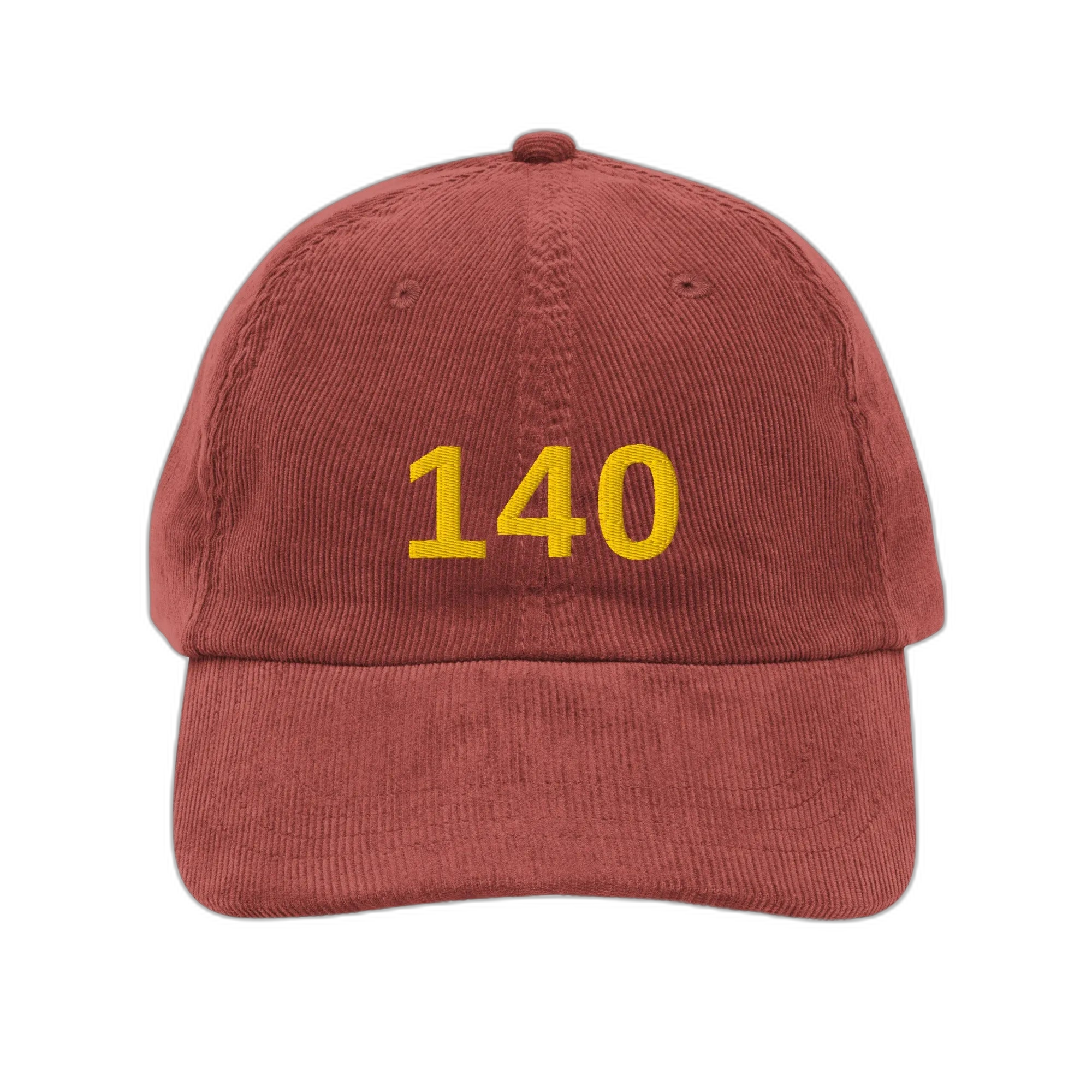 NOA 140 Meridian vintage corduroy cap - burgundy embroidered with 140 logo, front view