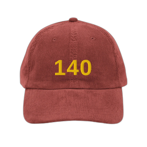 NOA 140 Meridian vintage corduroy cap - burgundy embroidered with 140 logo, front view