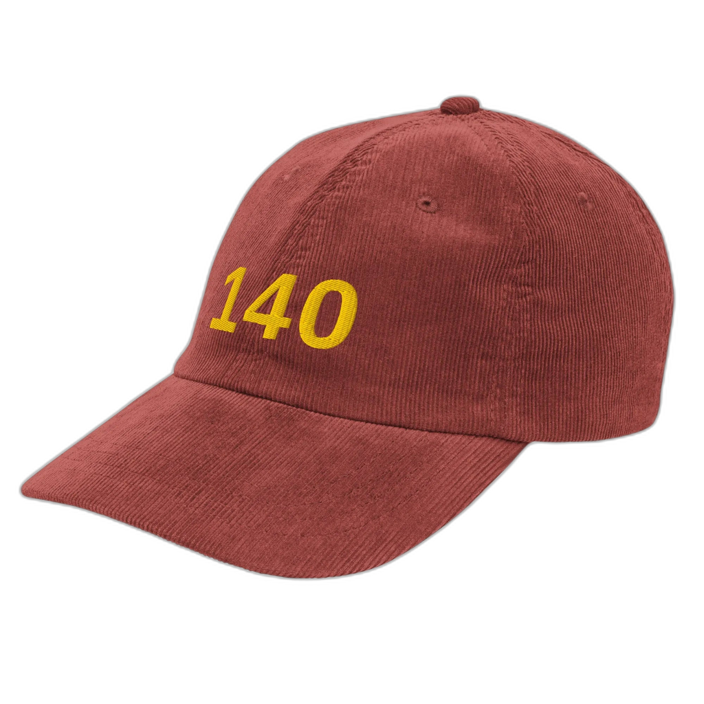 NOA 140 Meridian cap - 140 embroidery detail closeup on burgundy corduroy
