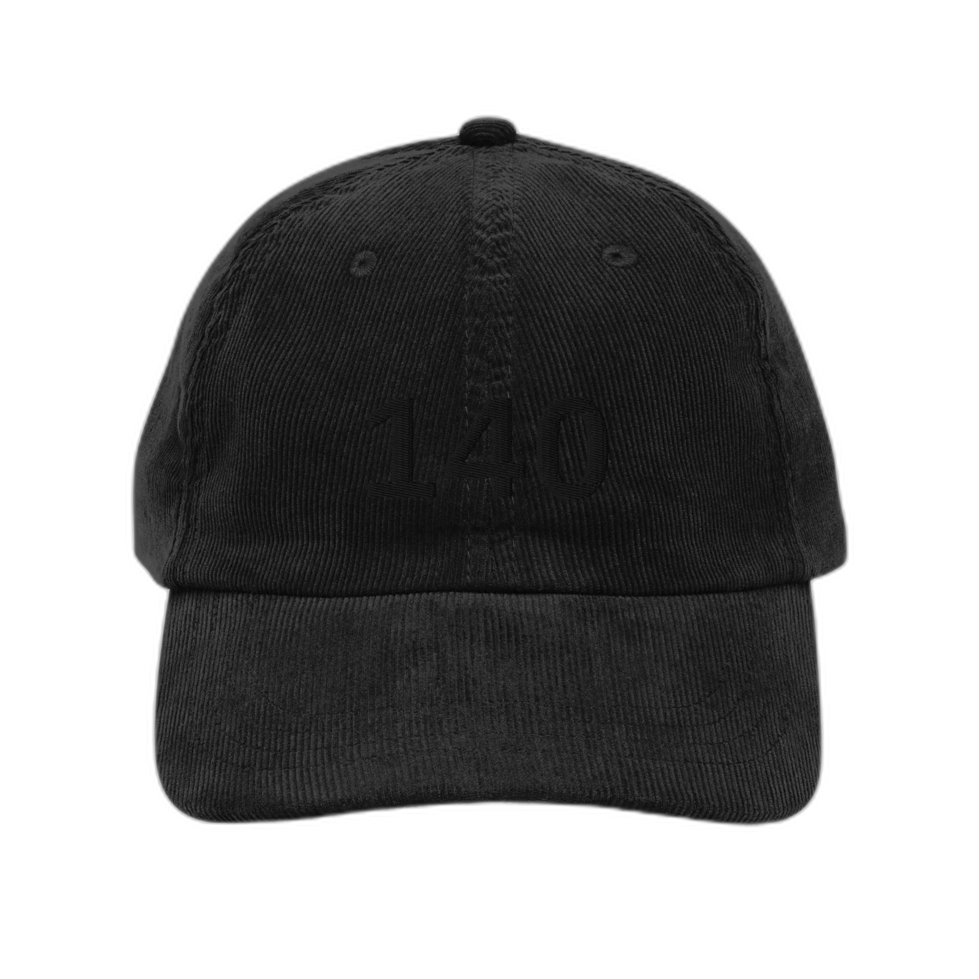 NOA 140 Midnight vintage corduroy cap - black embroidered with 140 logo, front view