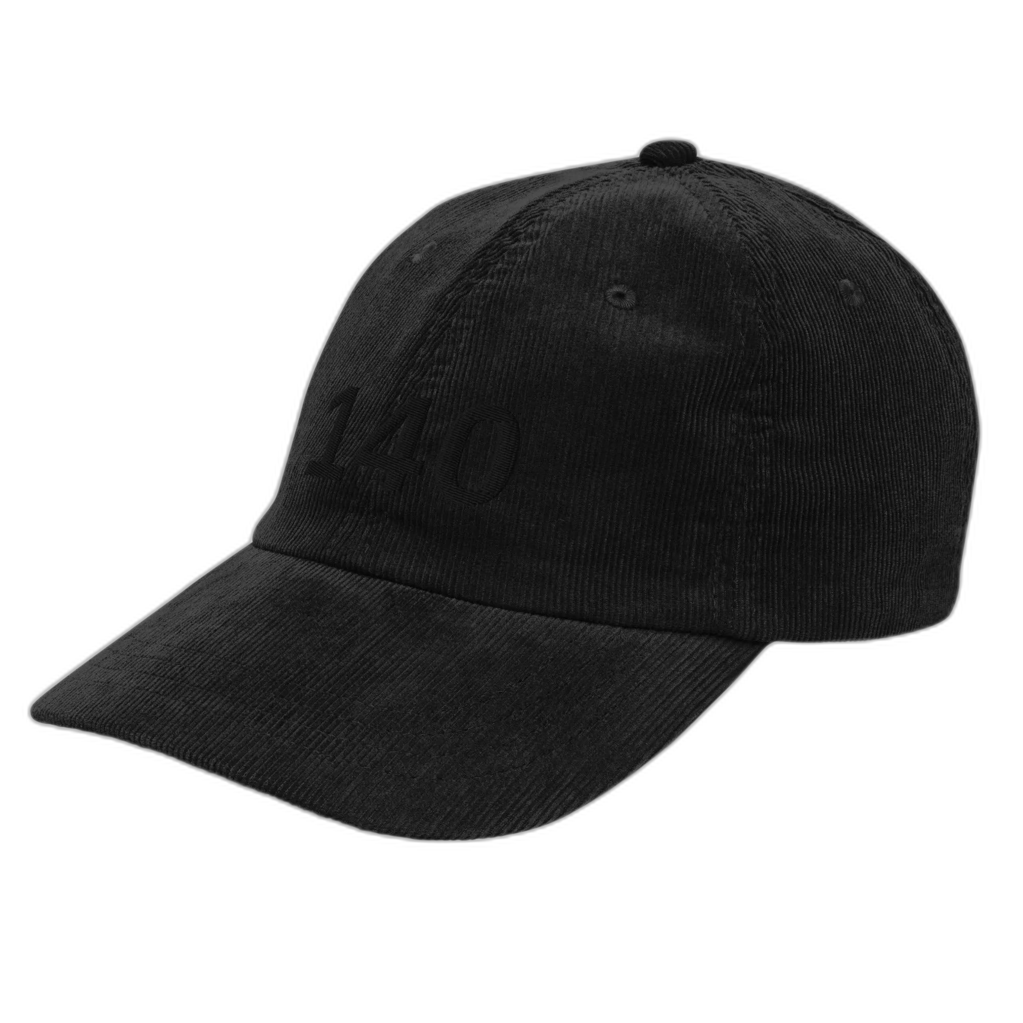 NOA 140 Midnight cap - 140 embroidery detail closeup on black corduroy