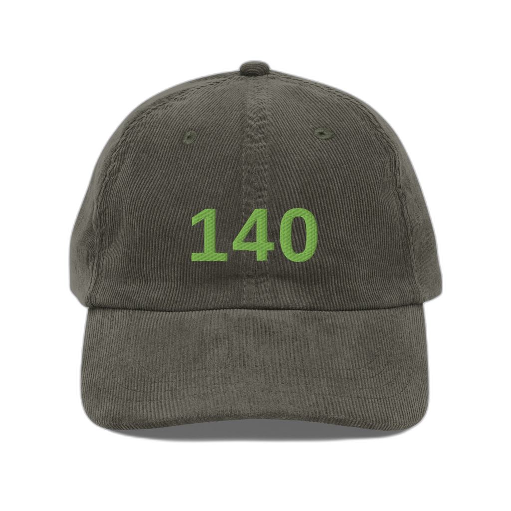 NOA 140 Monstera vintage corduroy cap - olive green embroidered with 140 logo, front view