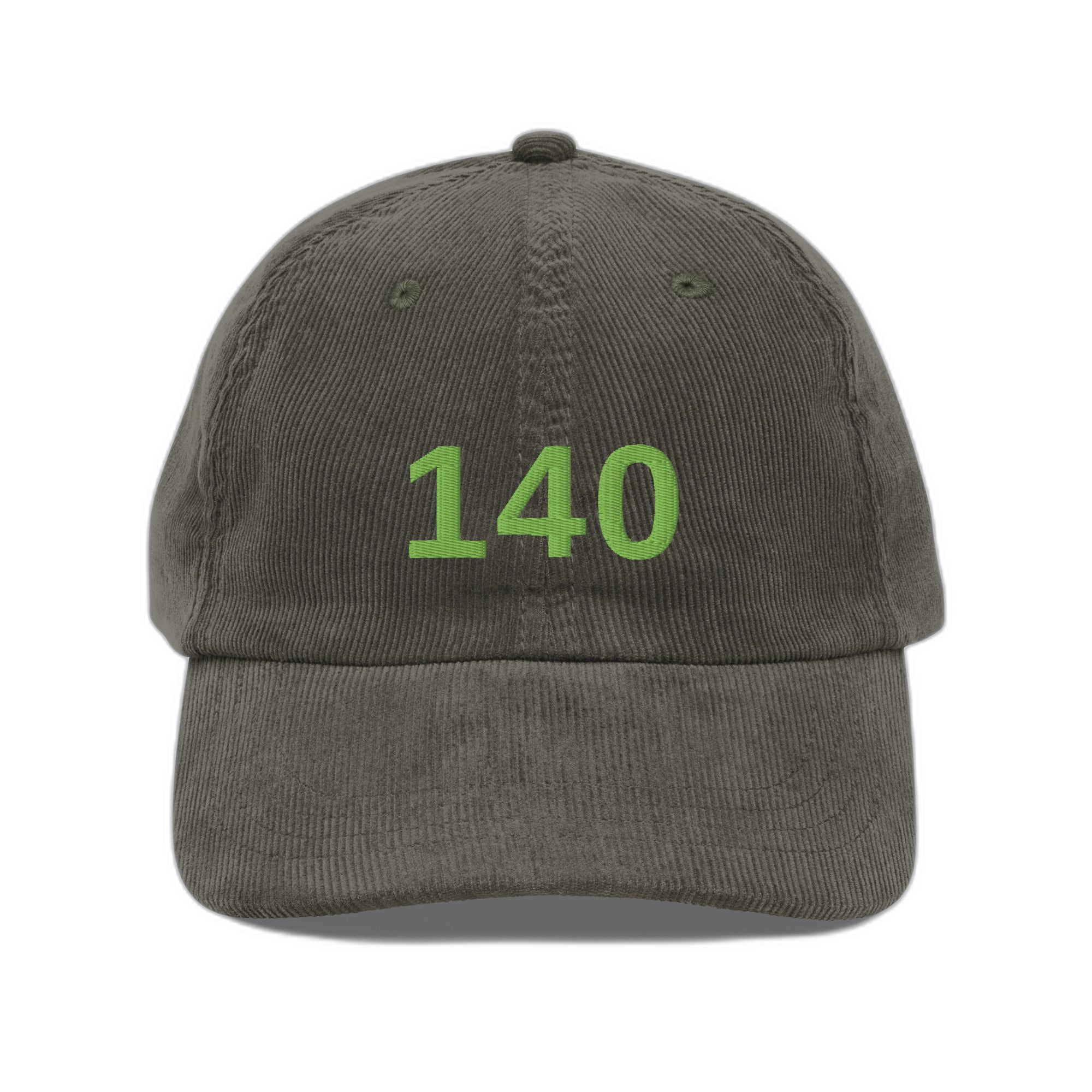 NOA 140 Monstera vintage corduroy cap - olive green embroidered with 140 logo, front view