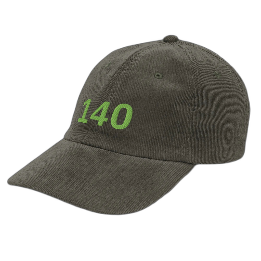 NOA 140 Monstera cap - 140 embroidery detail closeup on olive green corduroy
