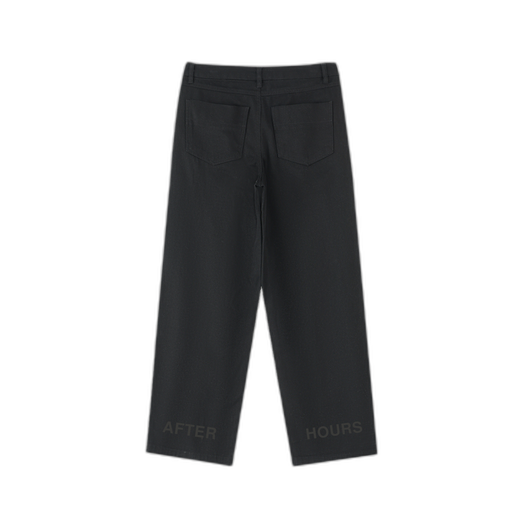 NOA Achilles Berlin heavyweight cotton pants - black with AFTER HOURS tonal panel text, front view