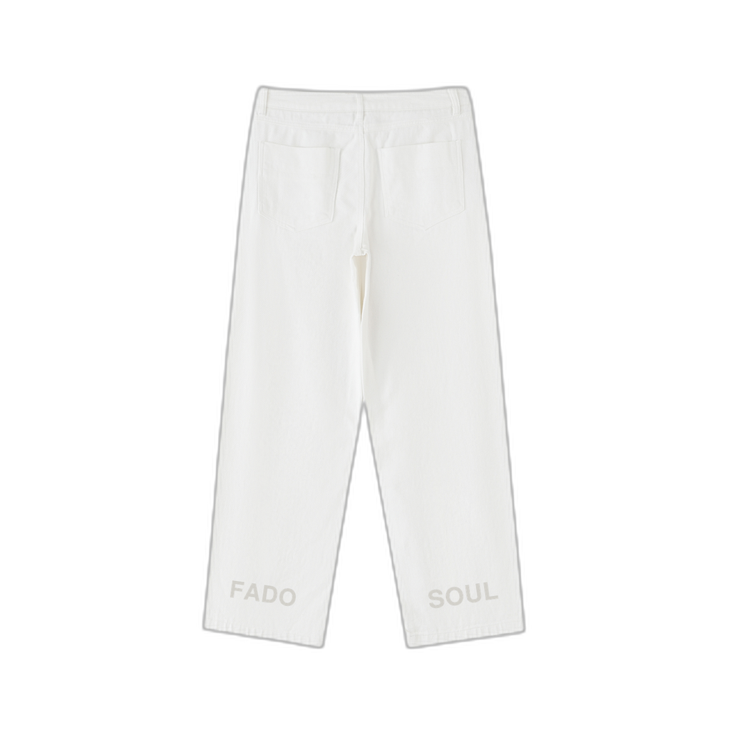 NOA Achilles Lisbon heavyweight cotton pants - white with FADO SOUL tonal panel text, front view