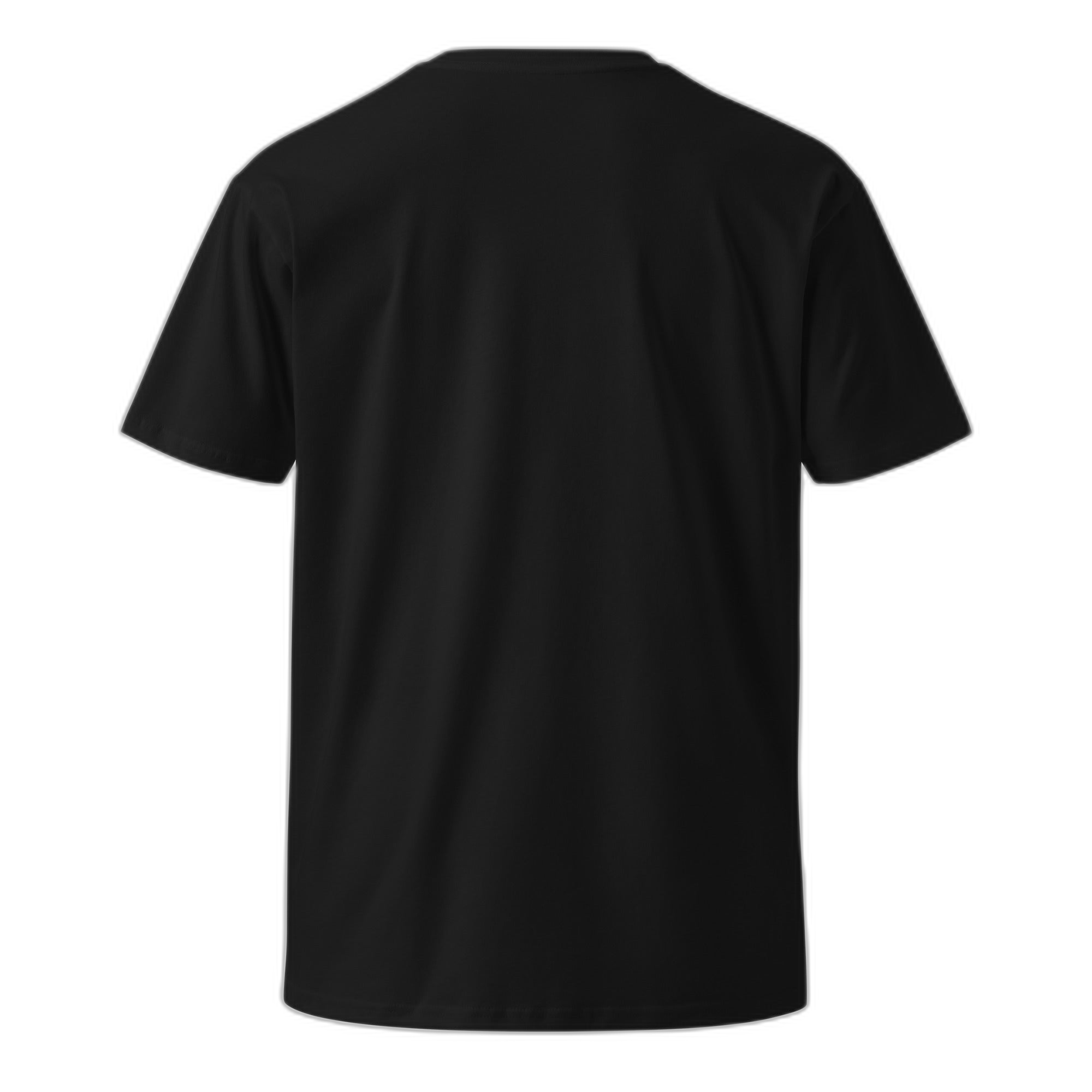 NOA Midnight Rainbow tee - black with rainbow print detail, angled view