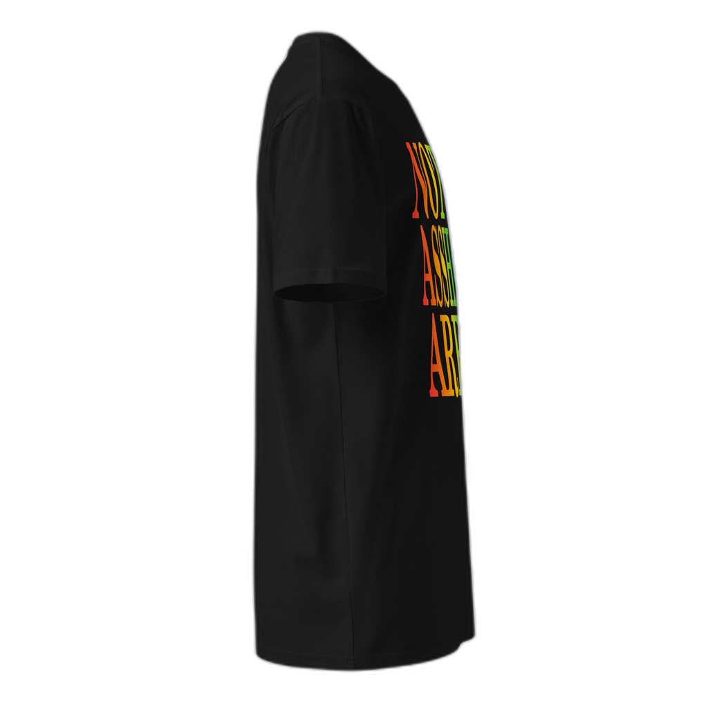 NOA Midnight Rainbow tee - rainbow logo closeup on black cotton