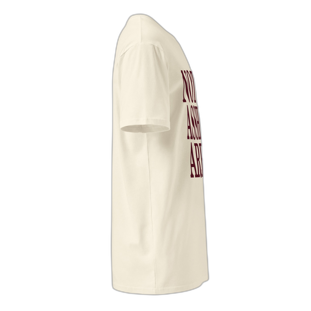 NOA Off-White Burgundy tee - burgundy logo closeup on navy cotton