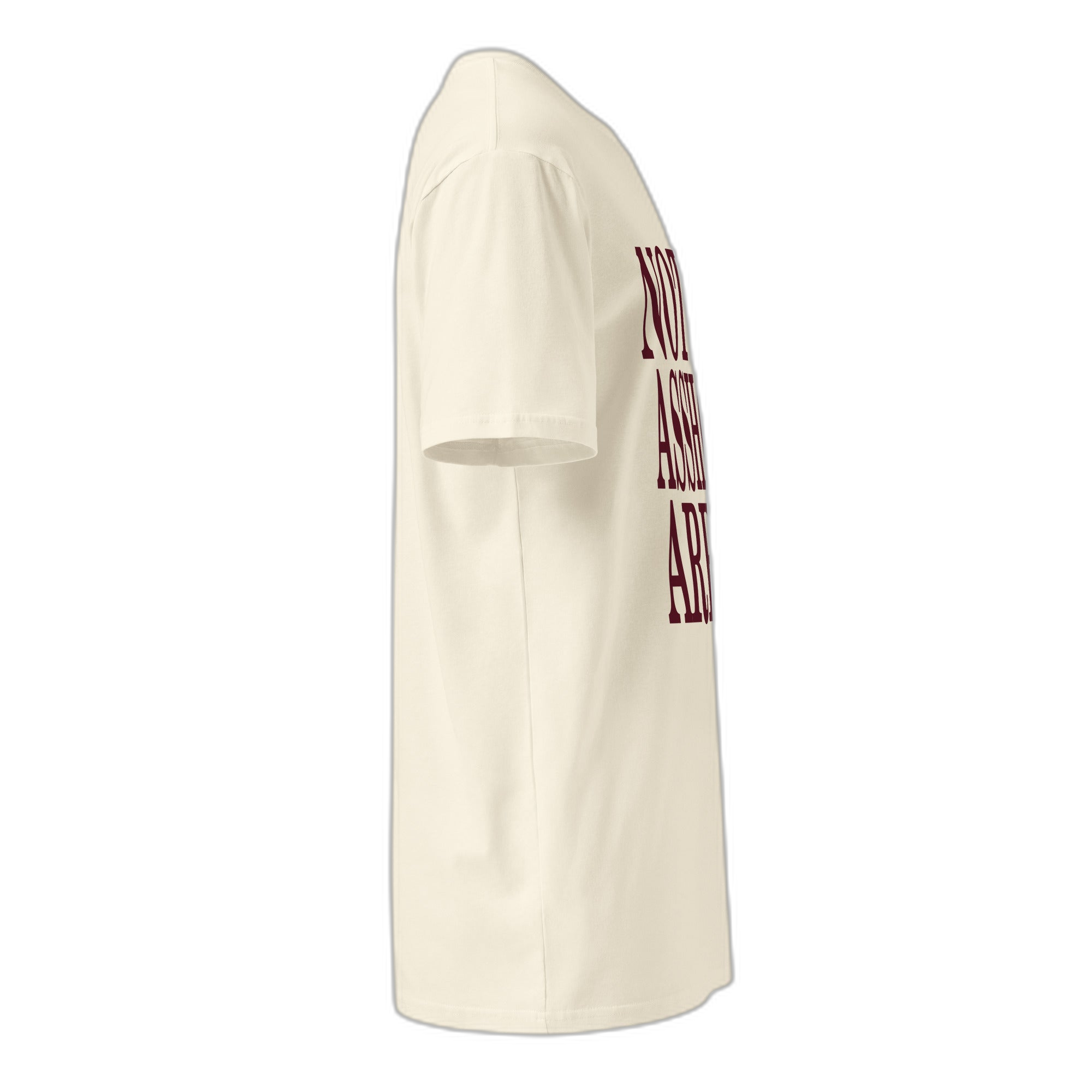 NOA Off-White Burgundy tee - burgundy logo closeup on navy cotton